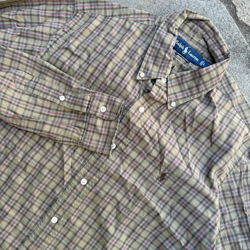 Ralph Lauren Shirt Men Large Brown Olive Plaid Button Up Long Sleeve 100% Cotton